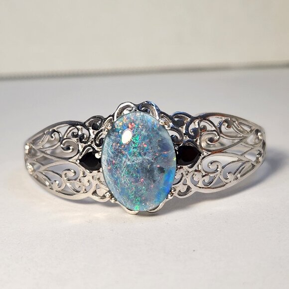 VTG Natural Opal & Onyx Platinum Clad Open Cuff Filigree Ornate Bracelet - Picture 9 of 15